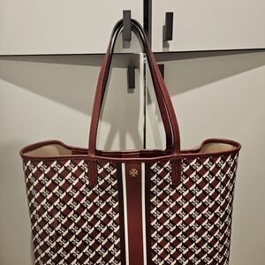 Tory Burch Burgundy and Cream Checkered Tote